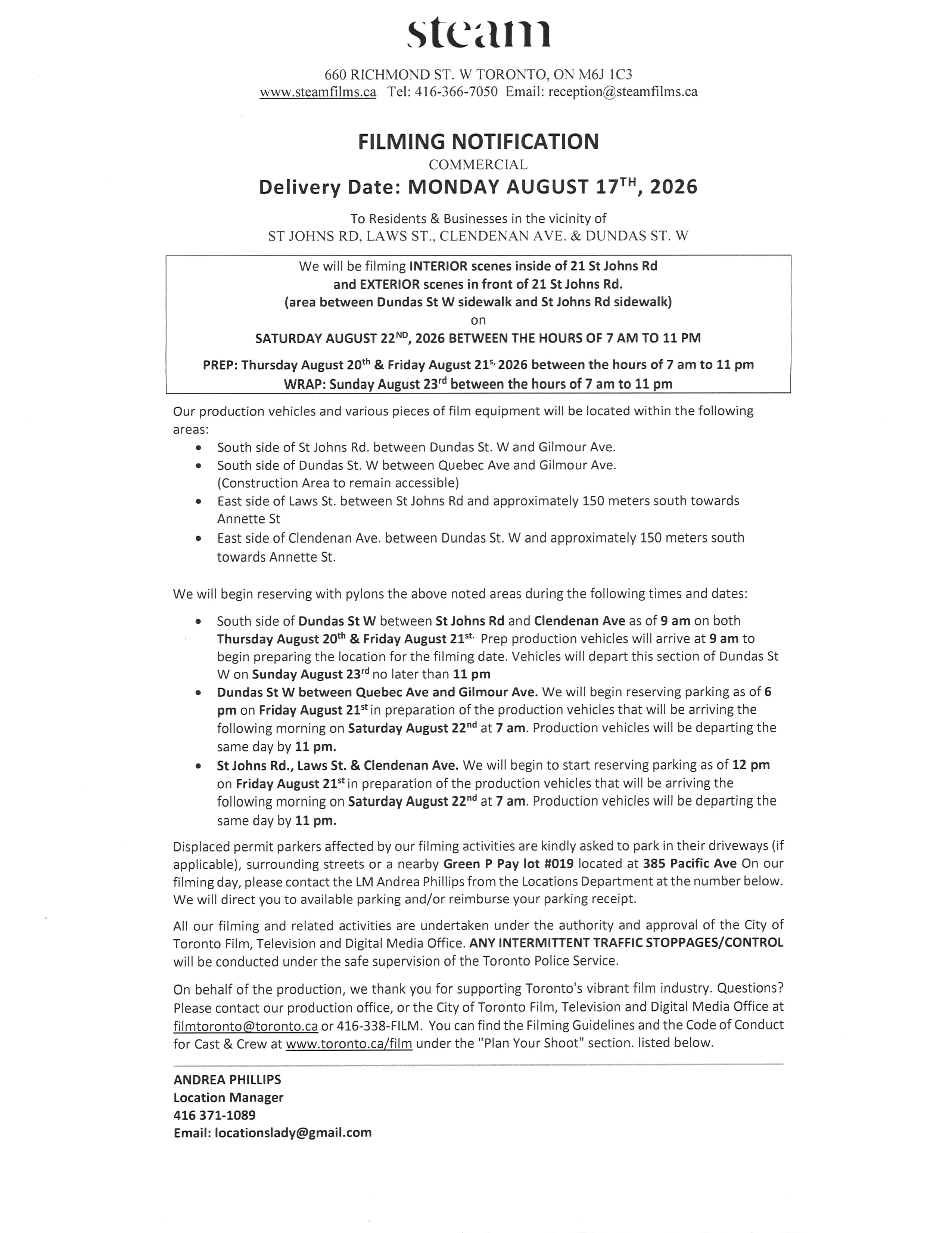 ilming Notification - Dundas Street West