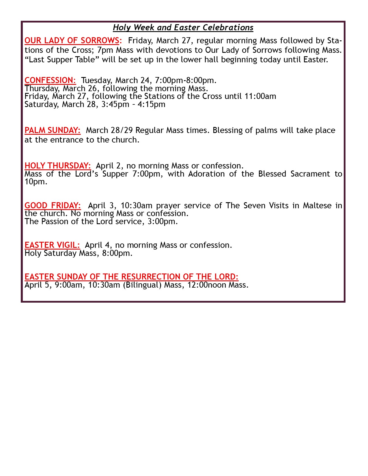 Holy Week & Easter Schedule 2026